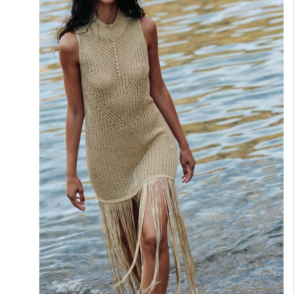 Zara METALLIC THREAD FRINGED LONG KNIT TOP Dress S M L GOLDEN NWT